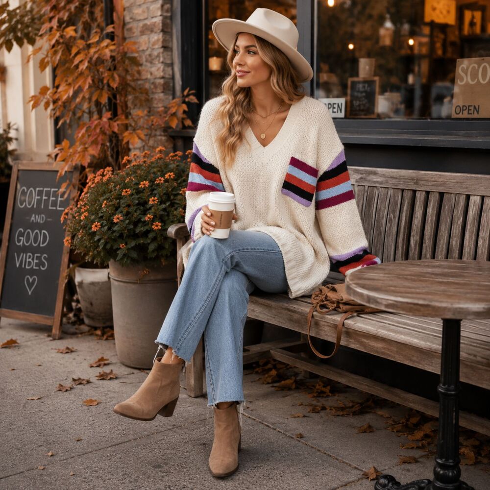 POL Oversized Chunky Knit Sweater Large Cream Striped Sleeve Boho V-Neck